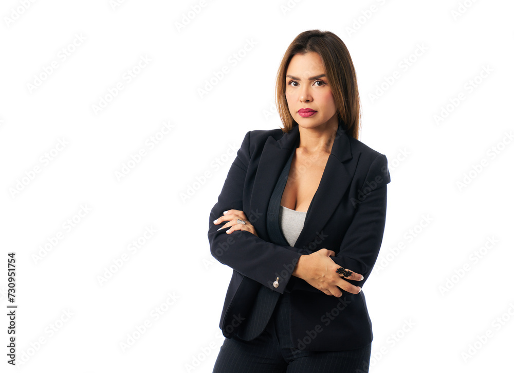 Latina businesswoman with her arms crossed looking at the camera with serious expression Latina businesswoman with her arms crossed looking at the camera with serious expression