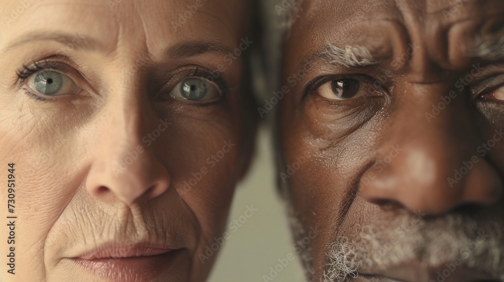 A close-up of two elderly individuals with a focus on their eyes and upper faces both individuals have wrinkles. A close-up of two elderly individuals with a focus on their eyes and upper faces both individuals have wrinkles.