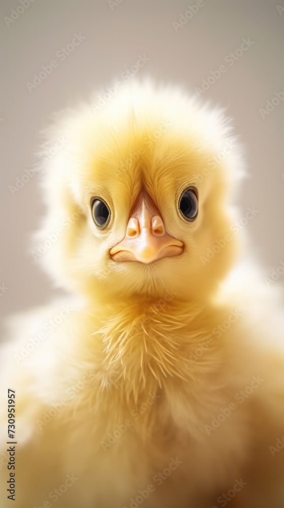 An intimate portrait of a baby chick looking directly at the camera, its yellow feathers appear soft and fluffy against a neutral grey background. An intimate portrait of a baby chick looking directly at the camera, its yellow feathers appear soft and fluffy against a neutral grey background.