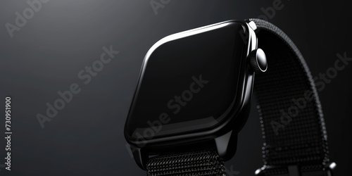 Elegant Smartwatch with Blank Screen mockup. Close-up of a sleek smartwatch with a blank black screen and modern strap on a simple background. photo