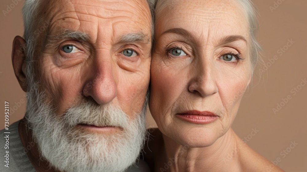 Two elderly individuals a man and a woman with a close and affectionate pose with a gentle and serene expression. Two elderly individuals a man and a woman with a close and affectionate pose with a gentle and serene expression.