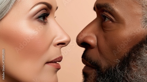 A close-up image of two individuals facing each other with a soft warm-toned background highlighting their facial features and expressions which suggest a moment of connection or interaction.