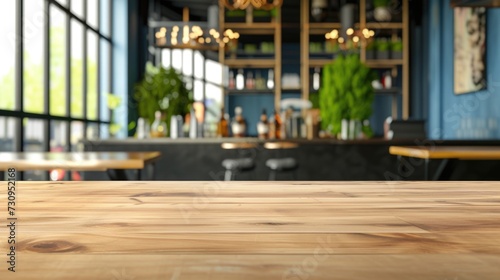 A wooden table in front of a bar