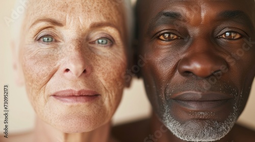 Two elderly individuals with contrasting skin tones both displaying wrinkles and age spots with one having a lighter complexion and the other a darker complexion both with a serene expression.