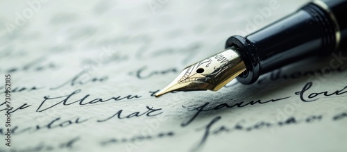 A fountain pen, an office supply writing implement, rests on a handwritten paper featuring beautiful font. The elegant combination of handwriting and art is displayed on the wood surface.