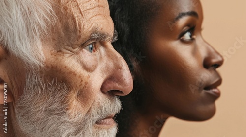 Two individuals an older man and a younger woman with dark skin both facing the camera with a neutral expression.