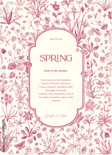 Spring. Invitation. Vintage vector botanical illustration. Magenta and white 
