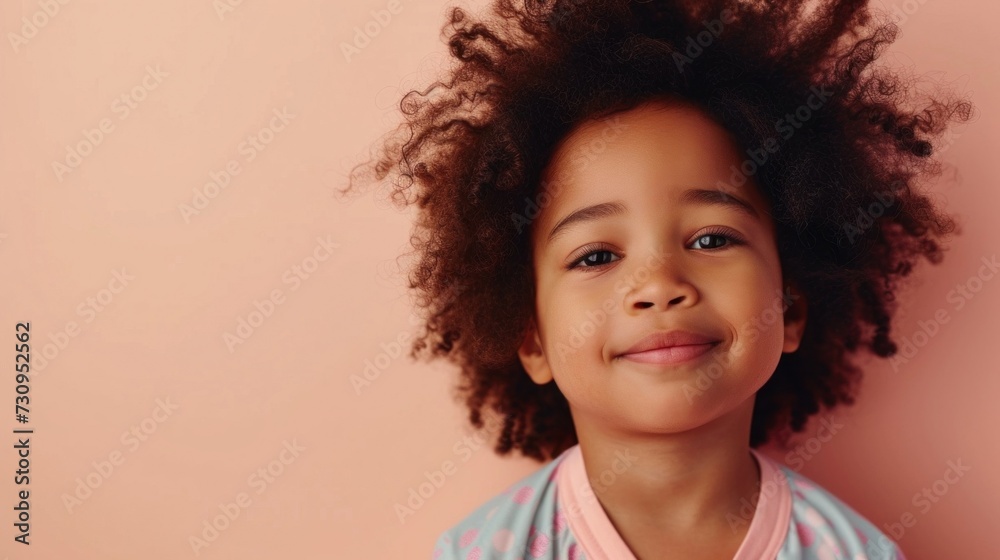 A young child with curly hair wearing a pink and white top smiling at the camera against a soft pink background.