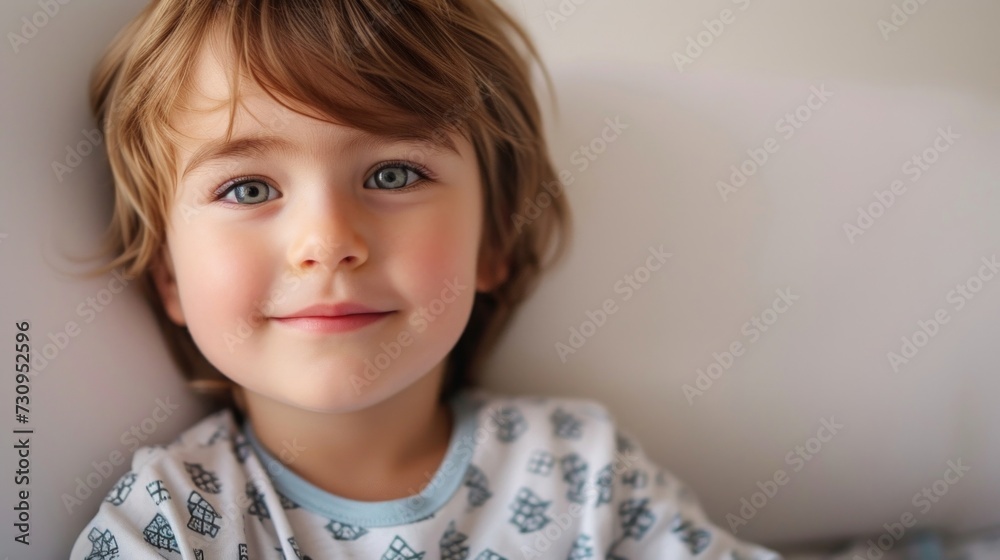 A young child with a radiant smile captivating blue eyes and light brown hair wearing a white shirt with a subtle pattern. A young child with a radiant smile captivating blue eyes and light brown hair wearing a white shirt with a subtle pattern.