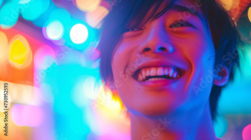Neon light man. Cyberpunk banner. Happy smile. Positive emotion. Portrait of cheerful Asian guy