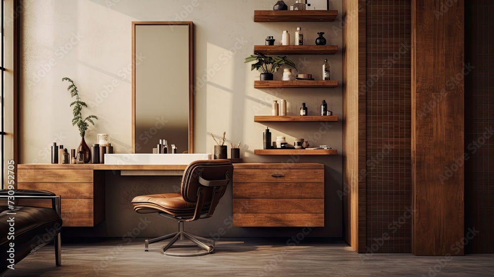 Fototapeta premium Room with a contemporary wooden vanity, decor, and cosmetics.