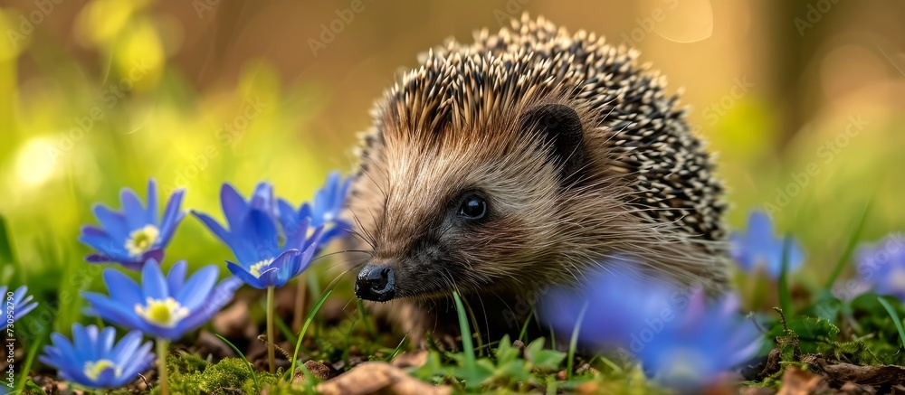 Fototapeta premium European hedgehog in natural garden habitat with grass and blue anemones, facing forward, during early Spring.