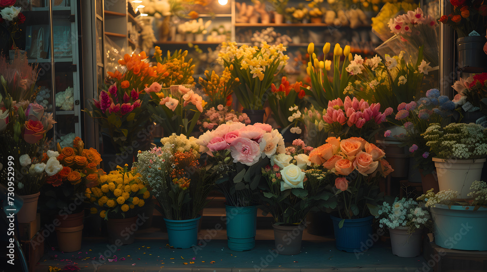 Bouquets and flowerpots in a flower shop