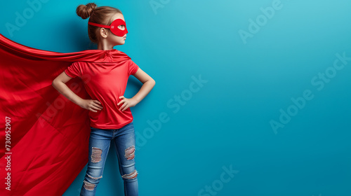 girl wearing red mask and cape with her arms crossed on her chest stands , concept superpowers girl, feminism, desire to win photo