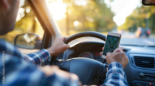 Young man dangerously driving car with smartphone in hand, posing a risk to road safety photo