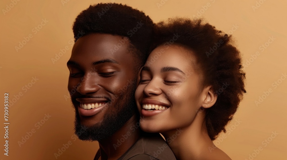 A joyful couple with closed eyes embracing each other smiling broadly with one resting their head on the other's shoulder against a warm orange background. A joyful couple with closed eyes embracing each other smiling broadly with one resting their head on the other's shoulder against a warm orange background.