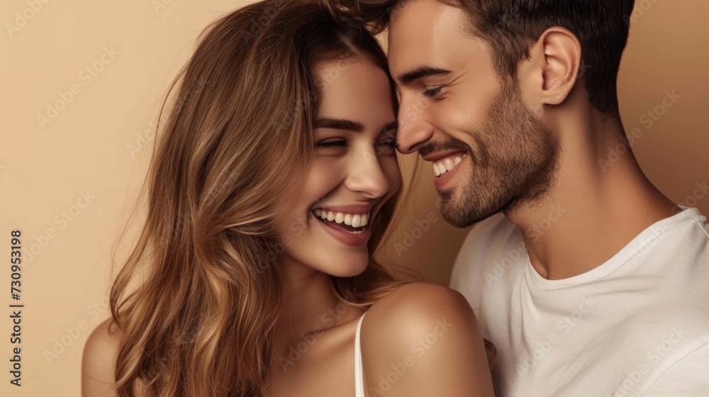A close-up photograph of a smiling couple sharing a tender moment with the man gently kissing the woman's cheek both radiating joy and affection against a warm soft-focus background.