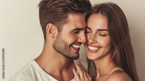 A close-up image of a happy couple sharing a joyful moment with the man and woman smiling and their faces close together suggesting affection and intimacy.