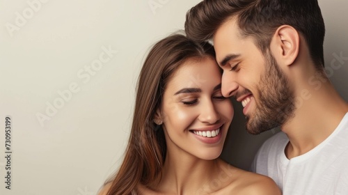 A close-up of a happy couple sharing a tender moment with the man gently kissing the woman's forehead both smiling and looking at each other set against a soft-focus background. © iuricazac