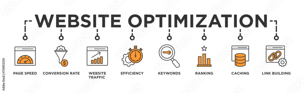 Website optimization banner web icon vector illustration concept with icon of page speed, conversion rate, website traffic, efficiency, keywords, ranking, caching, link building Website optimization banner web icon vector illustration concept with icon of page speed, conversion rate, website traffic, efficiency, keywords, ranking, caching, link building