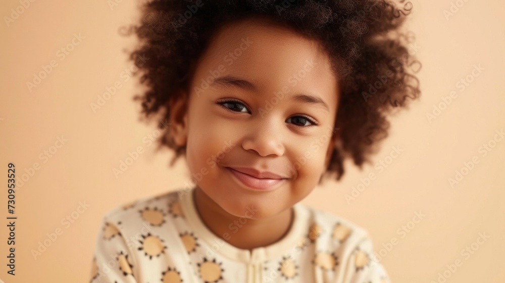 A young child with curly hair smiling at the camera wearing a white top with a floral pattern. A young child with curly hair smiling at the camera wearing a white top with a floral pattern.