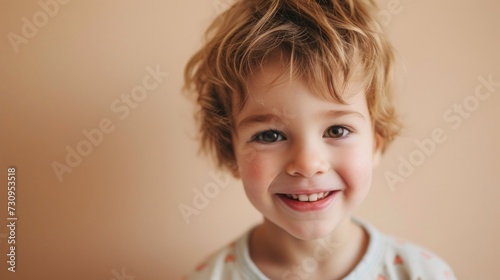 A young child with a radiant smile bright eyes and light brown hair wearing a patterned top against a soft-focus beige background.