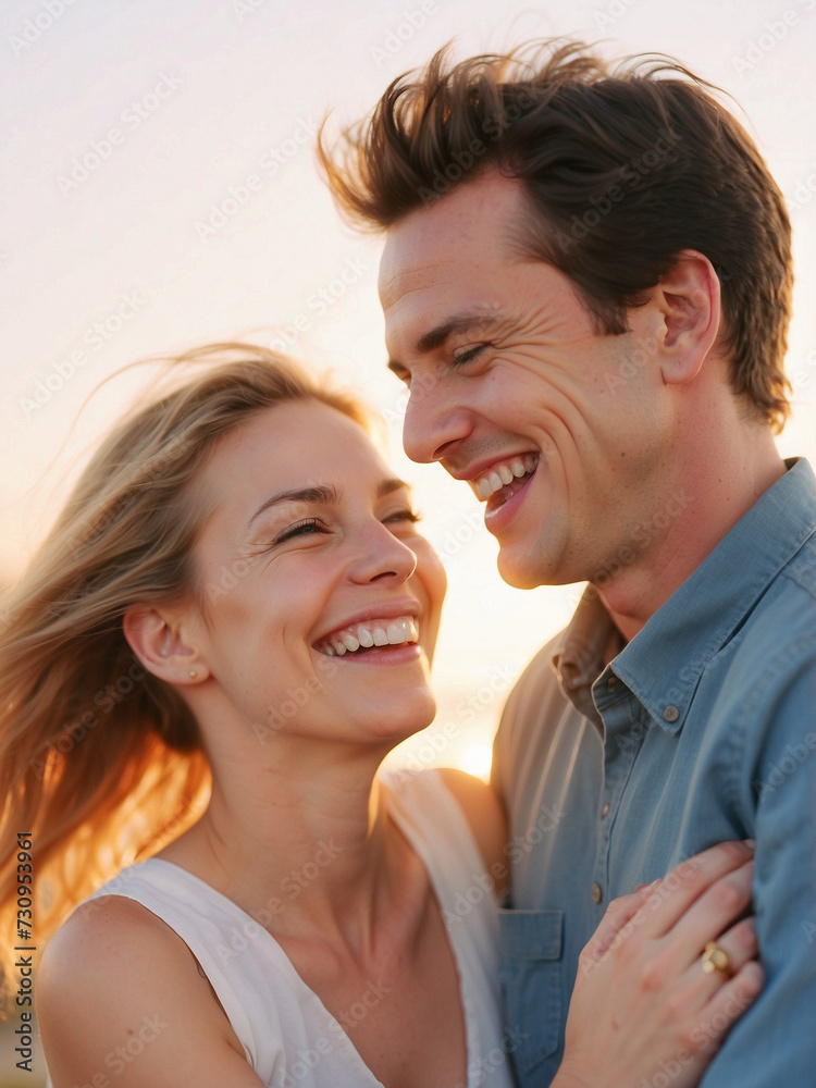 Happy couple, love and hug laughing in joyful happiness for bonding time together in the outdoors. Happy couple, love and hug laughing in joyful happiness for bonding time together in the outdoors.