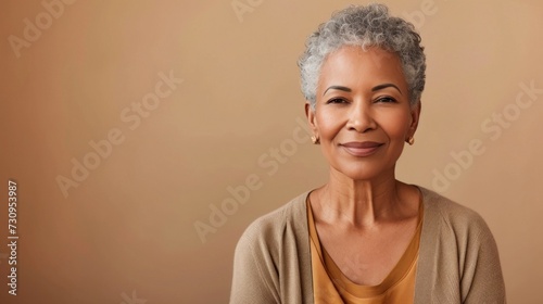 A smiling woman with gray hair wearing a beige cardigan and a gold earring against a warm-toned background.