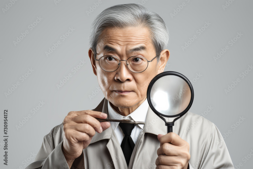 An elderly senior old people, boasting extensive experience in investigation and detective work, dons the classic attire of an investigator in a portrait-style photograph. Generative AI. An elderly senior old people, boasting extensive experience in investigation and detective work, dons the classic attire of an investigator in a portrait-style photograph. Generative AI.