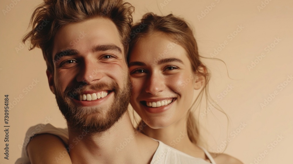 A close-up of a smiling young couple sharing a joyful moment with the man's arm around the woman both radiating happiness against a soft-focus beige background. A close-up of a smiling young couple sharing a joyful moment with the man's arm around the woman both radiating happiness against a soft-focus beige background.