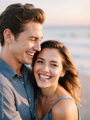 Happy couple, love and hug laughing in joyful happiness for bonding time together in the outdoors.