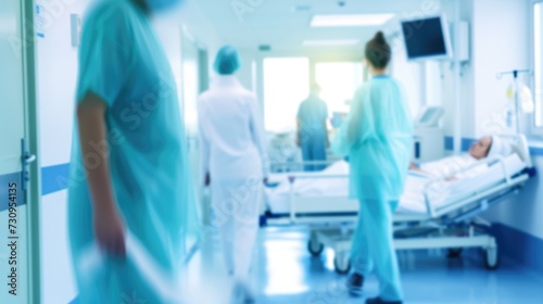 A group of doctors walking down a hospital hallway  blurred defocused blue  white and cyan medical background.
