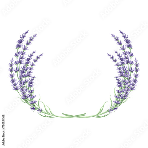 Watercolor round delicate floral frame from purple lavender flowers. Template wreath from natural herbs with copy space. Isolated hand drawn illustration wild flowers for invitations  card  textile