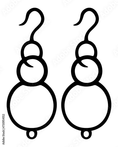 A pair of long earrings. Ear decoration made of beads. Sketch. Vector illustration. A precious item with a hook. Outline on isolated background. Coloring book for children. Fashionable jewelry. 