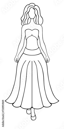 Beautiful lady. Sketch. Vector illustration. A woman in a short top without straps and a fluffy long skirt with a belt. Doodle style. Girl with wavy hair. Outline on isolated background. Coloring book