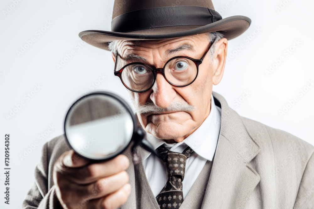 An elderly senior old people, boasting extensive experience in investigation and detective work, dons the classic attire of an investigator in a portrait-style photograph. Generative AI. An elderly senior old people, boasting extensive experience in investigation and detective work, dons the classic attire of an investigator in a portrait-style photograph. Generative AI.
