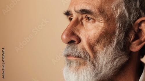 A close-up of an elderly man with a contemplative expression characterized by deep wrinkles a full white beard and a mustache.