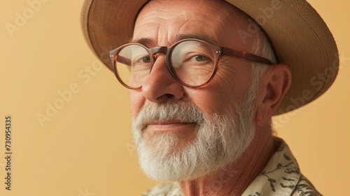 An elderly man with a white beard and mustache wearing a wide-brimmed hat and large round glasses.