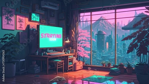 stream starting soon screen, overlay loop, animated virtual backgrounds, cozy lo-fi living room Japanese town view. vtuber asset twitch zoom OBS, anime chill hip hop. Cyan purple colours manga style