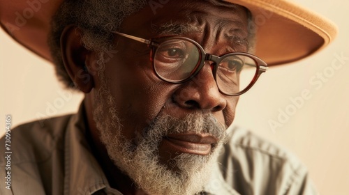 An afro elderly man with a thoughtful expression wearing a wide-brimmed hat and glasses with a full white beard and mustache.