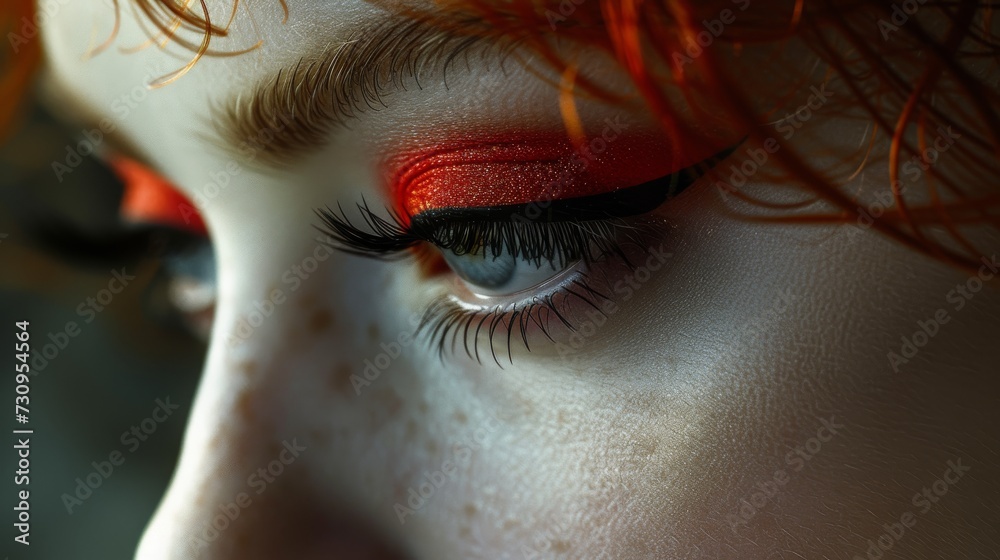 Fototapeta premium Crimson Reverie: An Intimate Portrait of a Woman With Red and Black Makeup. Generative AI.