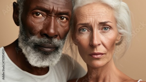 A close-up photograph of an elderly couple with a warm and intimate expression showcasing the beauty of aging with their wrinkles and gray hair set against a soft-focus beige background.
