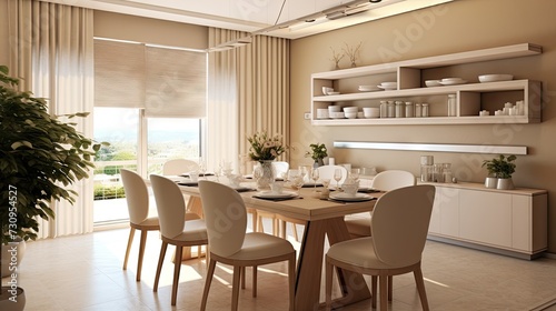 Beige walls in modern dining room interior design. © Vusal