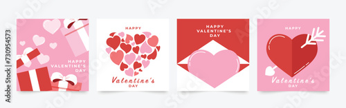 Happy Valentine's day love square cover vector set. Romantic symbol wallpaper of geometric shape pattern, heart shaped icon. Love illustration for greeting card, web banner, package, cover, fabric.