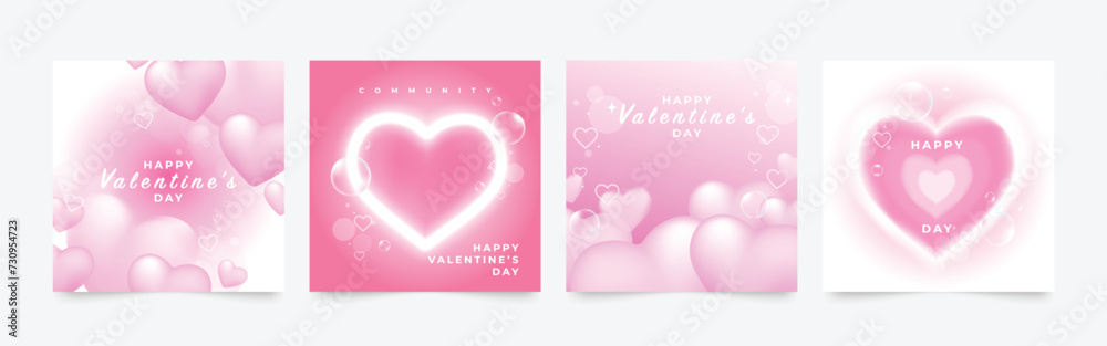 Happy Valentine's day love square cover vector set. Romantic symbol poster decorate with trendy gradient heart pastel colorful background. Design for greeting, fashion, commercial, banner, invitation.