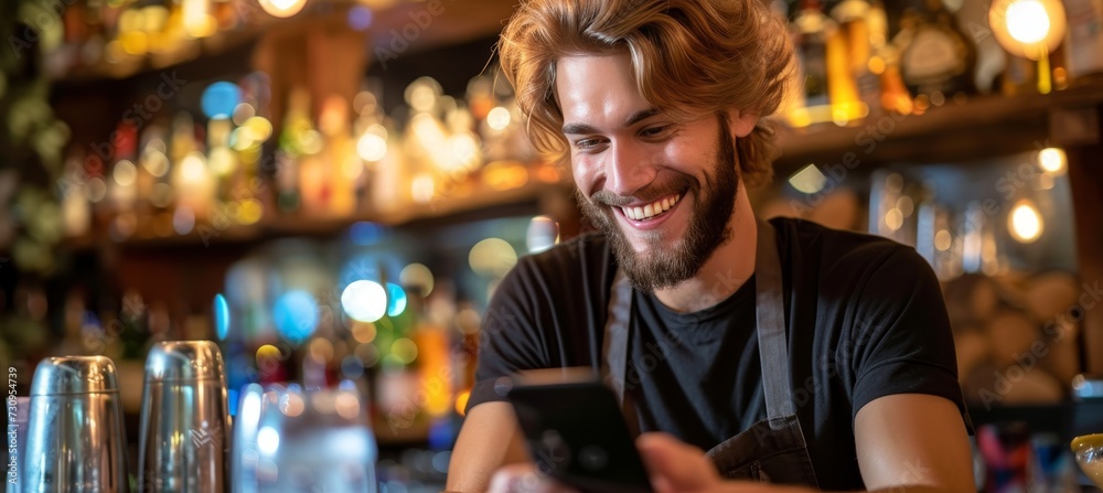 Charming bearded man using smartphone at elegant bar counter, enjoying a leisurely moment