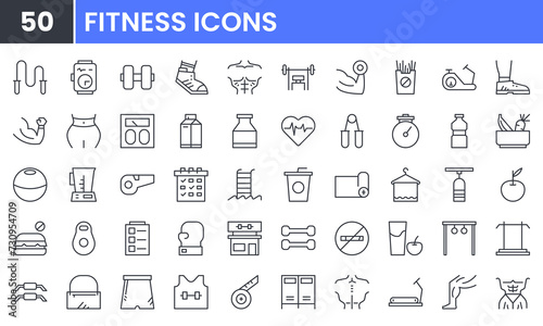 Fitness, Gym and Exercise vector line icon set. Contains linear outline icons like Health, Diet, Muscle, Workout, Body, Training, Run, Vegetable, Treadmill, Dumbbell, Cardio,. Editable use and stroke.