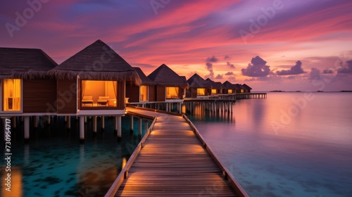 Serenitys Haven  A Mesmerizing Pathway to Enchanting Overwater Retreats. Generative AI.