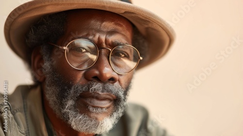 A man with a distinguished appearance wearing a fedora hat and glasses with a thoughtful expression and a well-groomed beard.