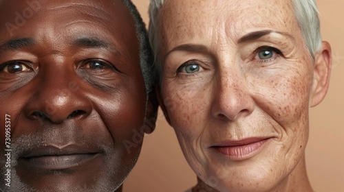Two elderly individuals a man and a woman with a warm soft-focus background looking directly at the camera with a slight smile.